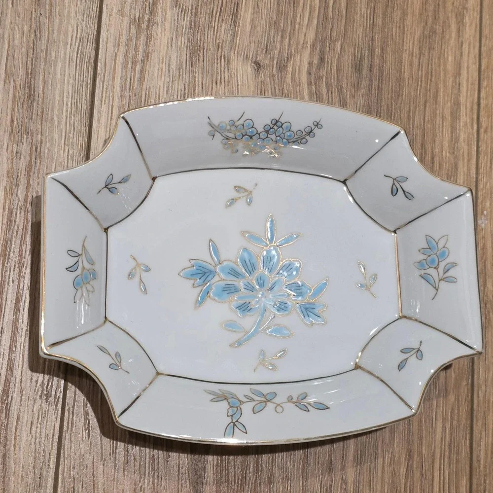 Vintage‎ LJ of Japan Porcelain Trinket Jewelry Tray Keepsakes Vanity Decor Blue